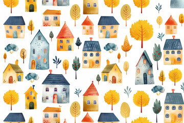 Colorful pastel Nordic building with seamless pattern. - obrazy, fototapety, plakaty