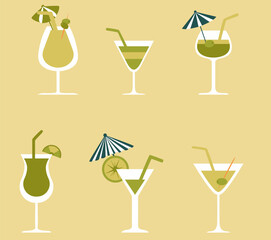 vector illustration, set, cocktail, drink, glass, shape, summer, vacation, vacation, spring, beach, alcoholic, alcohol, bar