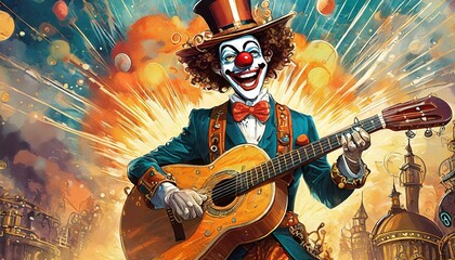 rock star with guitar, Rock and roll musician in the style of a steampunk joker plays the guitar, a clown against the background of an explosion.