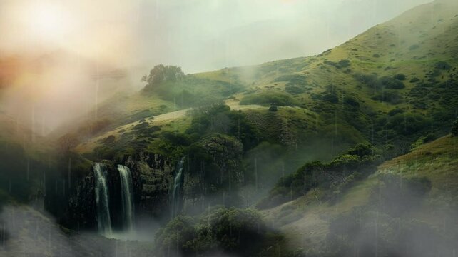 Waterfall scene in the forest animation video looping motion	