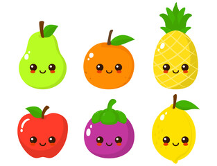 Cute happy smiling fruit face set. flat cartoon character illustration collection vector
