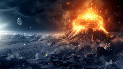 Surreal image of an erupting volcano.