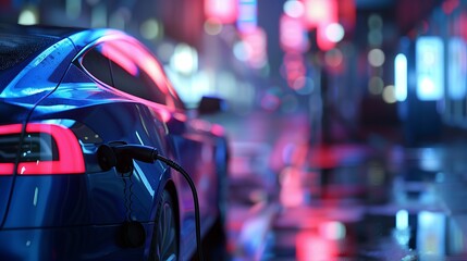 Fototapeta na wymiar EV, Electric car charging at a station in blurred city