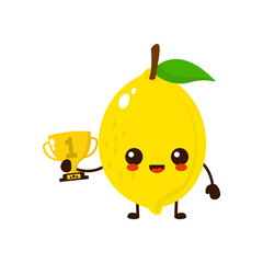 Cute happy lemon fruit with gold trophy. Vector flat fruit cartoon character illustration icon design