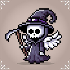 grim reaper in 8 bit pixel art. Halloween costumes for game assets and cross stitch patterns in vector illustration.