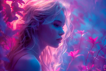 Foto op Plexiglas Mystical portrait of a beautiful girl in the forest. Delicate neon glow. Fairytale image. © Bonya Sharp Claw