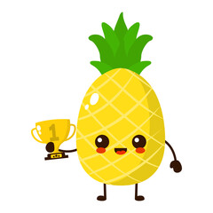 Cute happy pineapple fruit with gold trophy. Vector flat fruit cartoon character illustration icon design