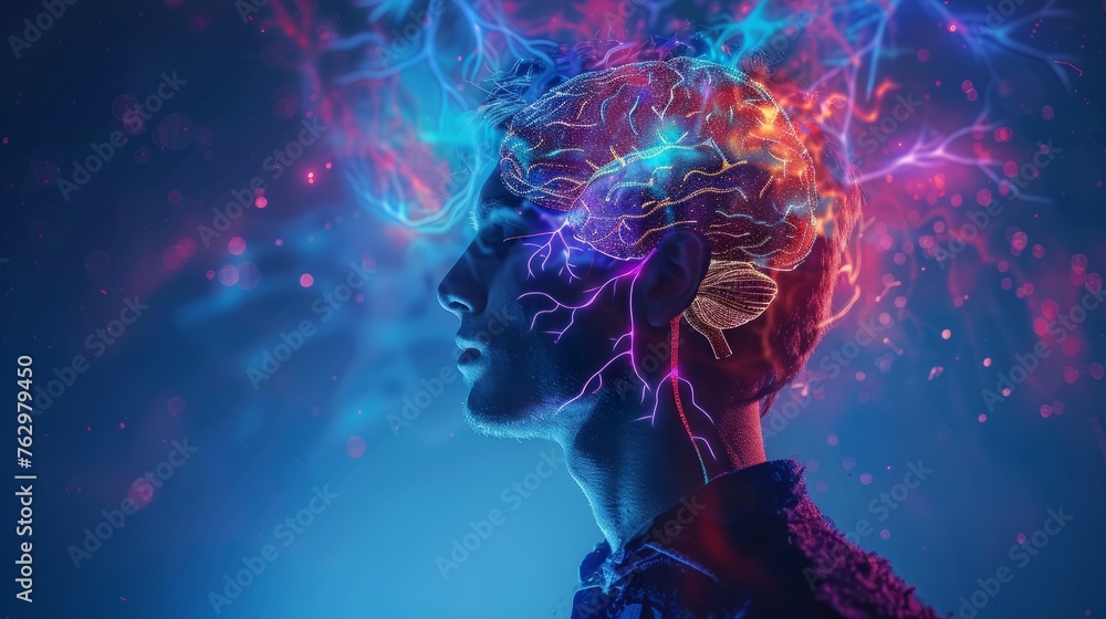 Poster brain nervous system concept. brain and thinking in a human head. science for study and learn. artif