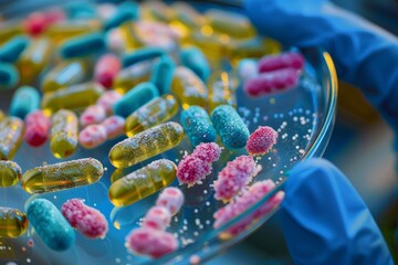 Laboratory scene showing gloved hands analyzing a mix of pharmaceutical capsules and a bacterial culture on a petri dish, connecting medicine and microbiology. - obrazy, fototapety, plakaty