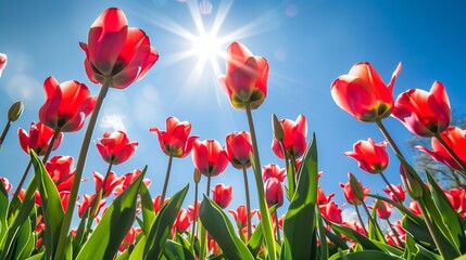 Obraz premium Red tulips field in blue sky and sunshine background, backdrop image