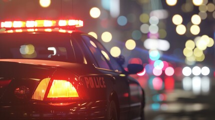 Police Car lights on evening blurred city lights background - obrazy, fototapety, plakaty