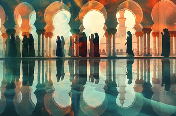 Muslim people praying inside the mosque to welcome Ramadan Kareem background. Concept of prayer