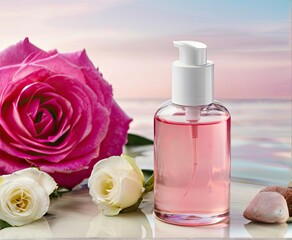 Obraz na płótnie Canvas Picture a tranquil spa setting with a cosmetic bottle surrounded by pink roses atop water, against a serene blurred landscape—a haven for skin care indulgence.
