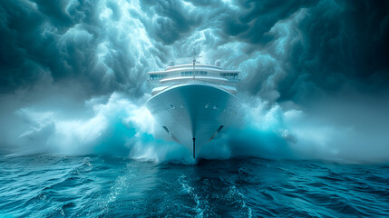 Storm in the North Sea. The ship makes its way among the raging waves and ice.