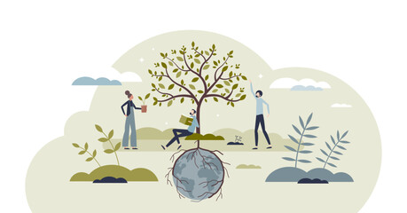 Environmental wellness and sustainable, green practices tiny person concept, transparent background. Society responsibility for nature protection and harmony from ecological lifestyle illustration. - obrazy, fototapety, plakaty