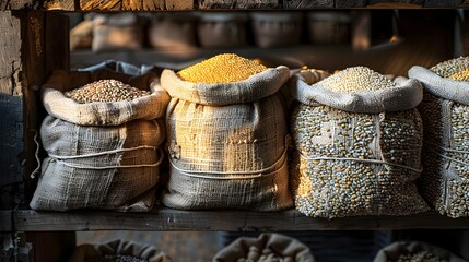 Burlap Sacks Filled with Grains on a Rustic Wooden Shelf, Bathed in Golden Sunlight