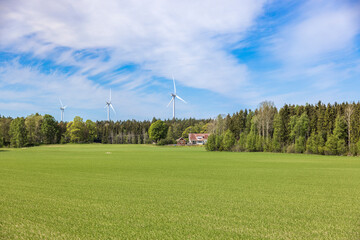 Wind turbine behind the forest in the countryside