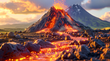 image of an erupting volcano. realistic image. emission of ash, lava. natural disasters - obrazy, fototapety, plakaty