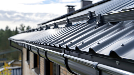 Rain gutters on a house with a metal roof.