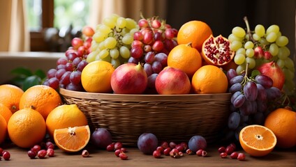 a basket of fruit including grapes grapes and oranges Medley of Plump Grapes, Juicy Pomegranates