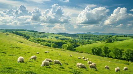 Herd of Sheep Grazing on Lush Green Hillside