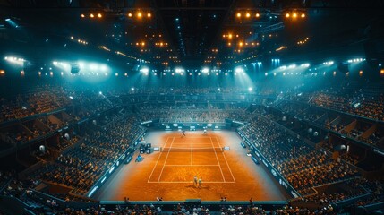 Tennis Match in Progress at Stadium - obrazy, fototapety, plakaty