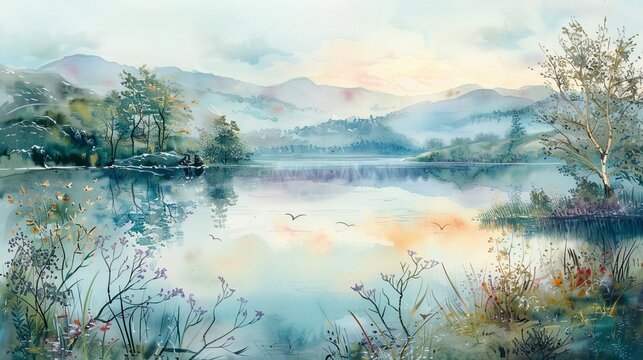 Lake and Mountains Landscape Painting
