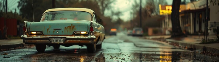 Classic Car on Rainy Street at Twilight
