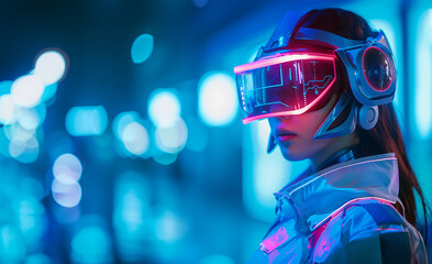 Futuristic woman with VR, neon blue