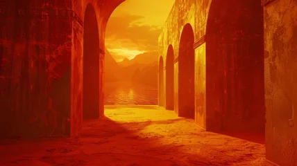 Papier Peint photo Brique A mystical surreal sandy landscape in red and orange tones in the desert at dawn or sunset. Futuristic terrain