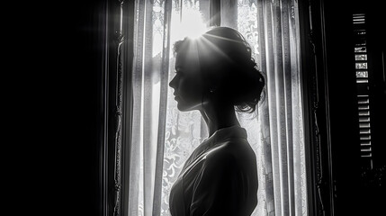 Black and white image of a woman in a dressing gown in front of a window. - obrazy, fototapety, plakaty