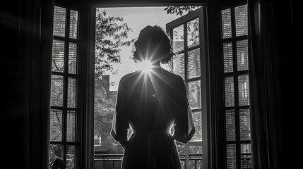 Black and white image of a woman in a dressing gown in front of a window.