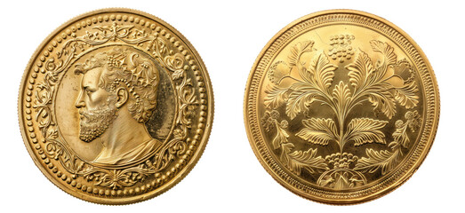 Double sided Golden Coin isolated on transparent background. Gold Coin Showing Heads and Tails sides