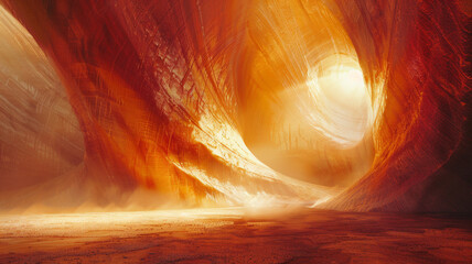 A mystical surreal sandy landscape in red and orange tones in the desert at dawn or sunset. Futuristic terrain