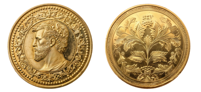 Double sided Golden Coin isolated on transparent background. Gold Coin Showing Heads and Tails sides