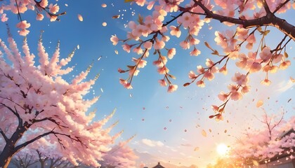 Cherry blossoms flowers with blue sky background during golden hour. Generative AI