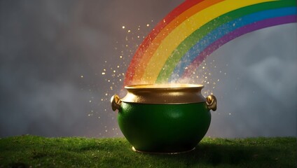 A festive portrayal for Saint Patrick's Day, featuring a rainbow arcing towards a leprechaun's pot brimming with gold Generative AI