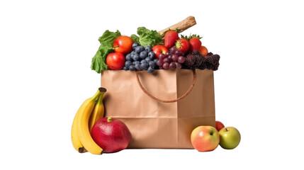Paper Bag Filled With Fresh and Colorful Fruit. On a White or Clear Surface PNG Transparent Background..