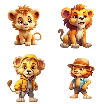 Set of 3d cute lion character on transparent background