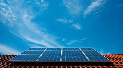 Fototapeta premium Solar panels on roof top of house, beautiful blue sky background.