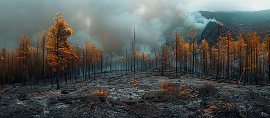 Pine forest devastated by wildfire in Tenerife, scorched trees, smoldering ground - obrazy, fototapety, plakaty