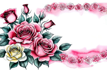 Watercolor frame made of red roses with free space for text, card,border