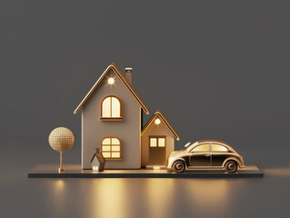cartoon 3d gold house and car sit on a grey background.