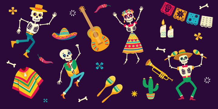 Dancing skeletons. Dia de los muertos. Dead day party, sugar skull. Cinco de mayo mexican set of vector illustrations.