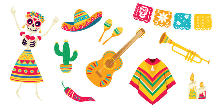 Cinco de mayo vector set. Mexican skull, sombrero, jalapeno pepper, mexican hat, guitarcas, cactus, candle.