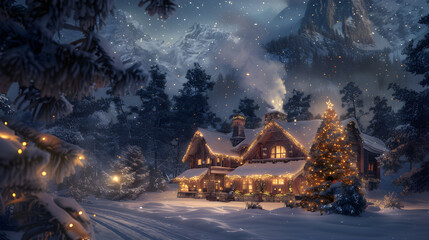 Captivating Christmas Holiday Scene: Snowy Landscape with A Warm Timber-framed House and Christmas Tree on Foreground