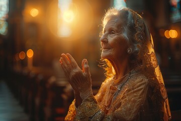 Elderly woman in prayer pose in catholic church, hands raised to light - obrazy, fototapety, plakaty