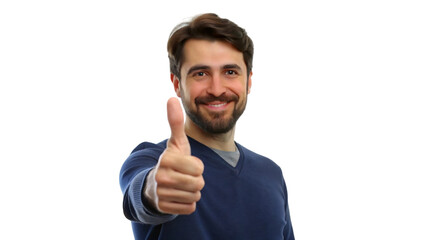 Happy businessman gesturing thumbs up, expressing success and positivity with a smiling face