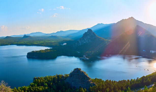 Panorama of Lake Burabay at sunset.
Beautiful landscape on lake Burabay.
Lake Burabay is located on the territory of the Burabay State National Natural Park.
 The Republic of Kazakhstan.
