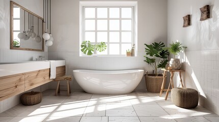 Fototapeta na wymiar Bright and inviting bathroom with sunlight streaming through the window, white subway tiles, a freestanding tub, and rustic wooden touches.